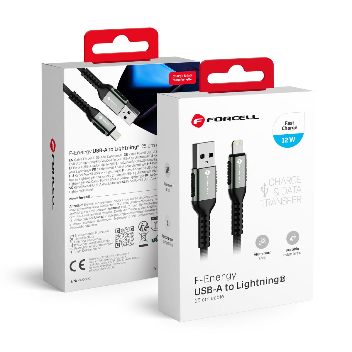 Cablu Forcell USB A To Lightning F-energy 2,4A 12W Cafule 0,25 M C257 Negru