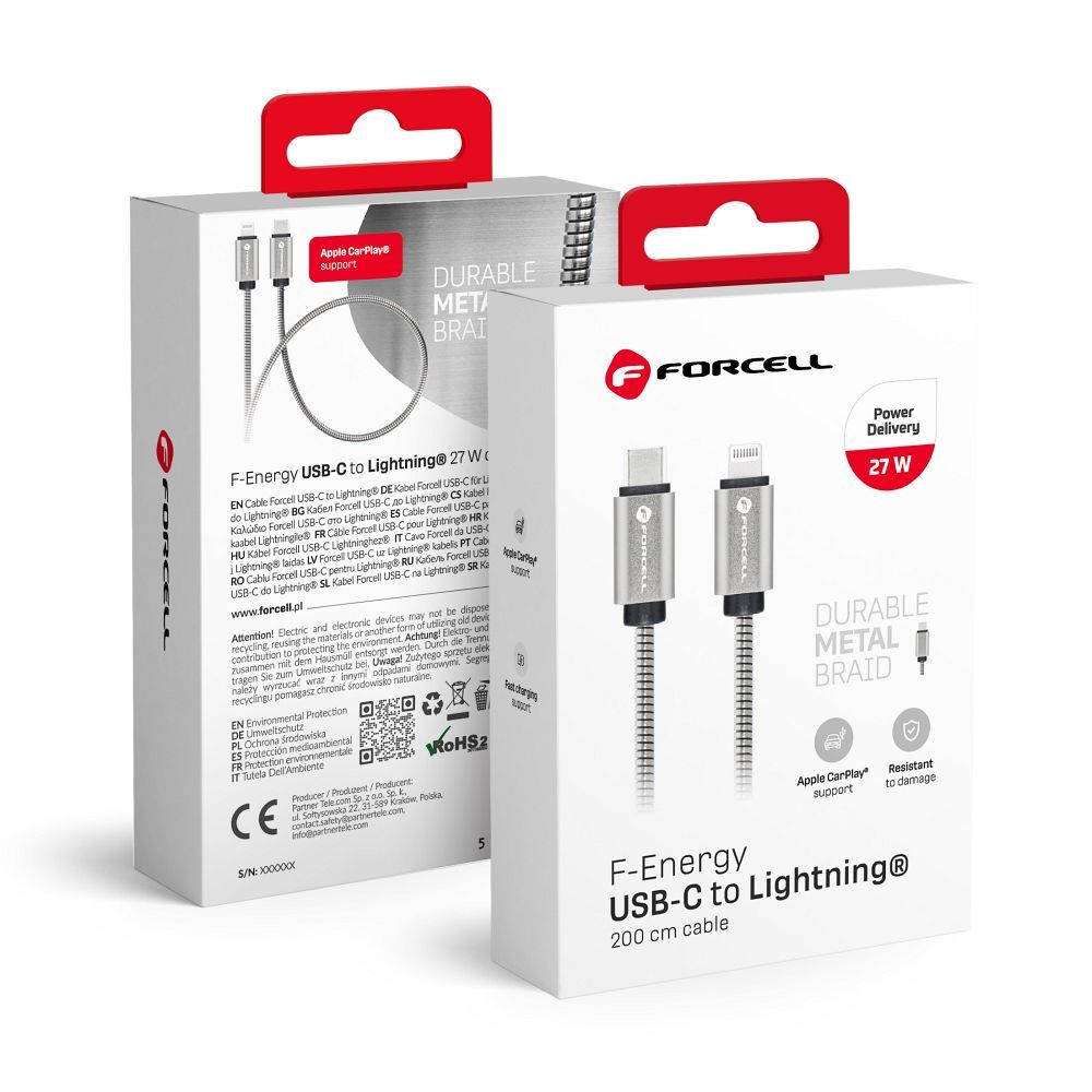 Cablu Forcell USB C To Lightning F-energy PD 3A 27W Metal 2 M C238 Argintiu