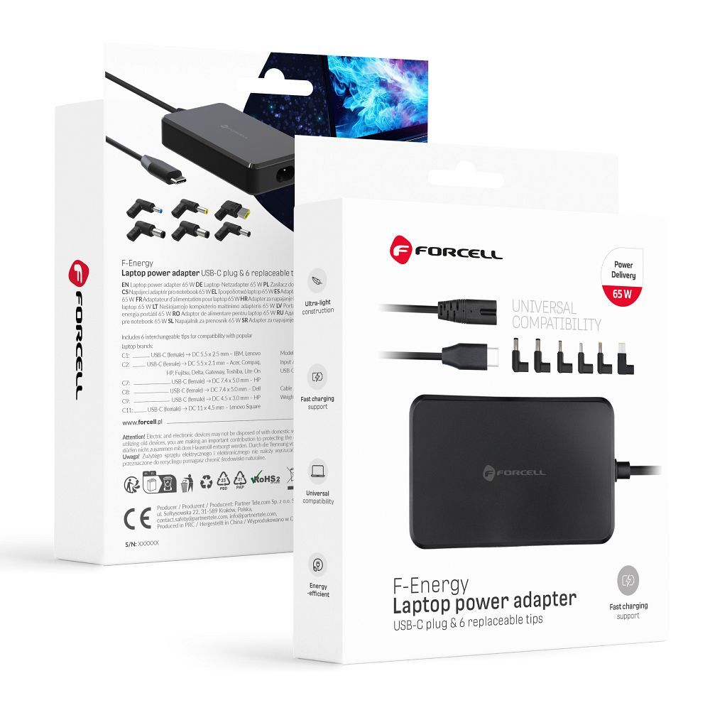 Incarcator Forcell F-energy E856 Uniwersal Laptop 65W USB C + 6 Adaptors - Negru