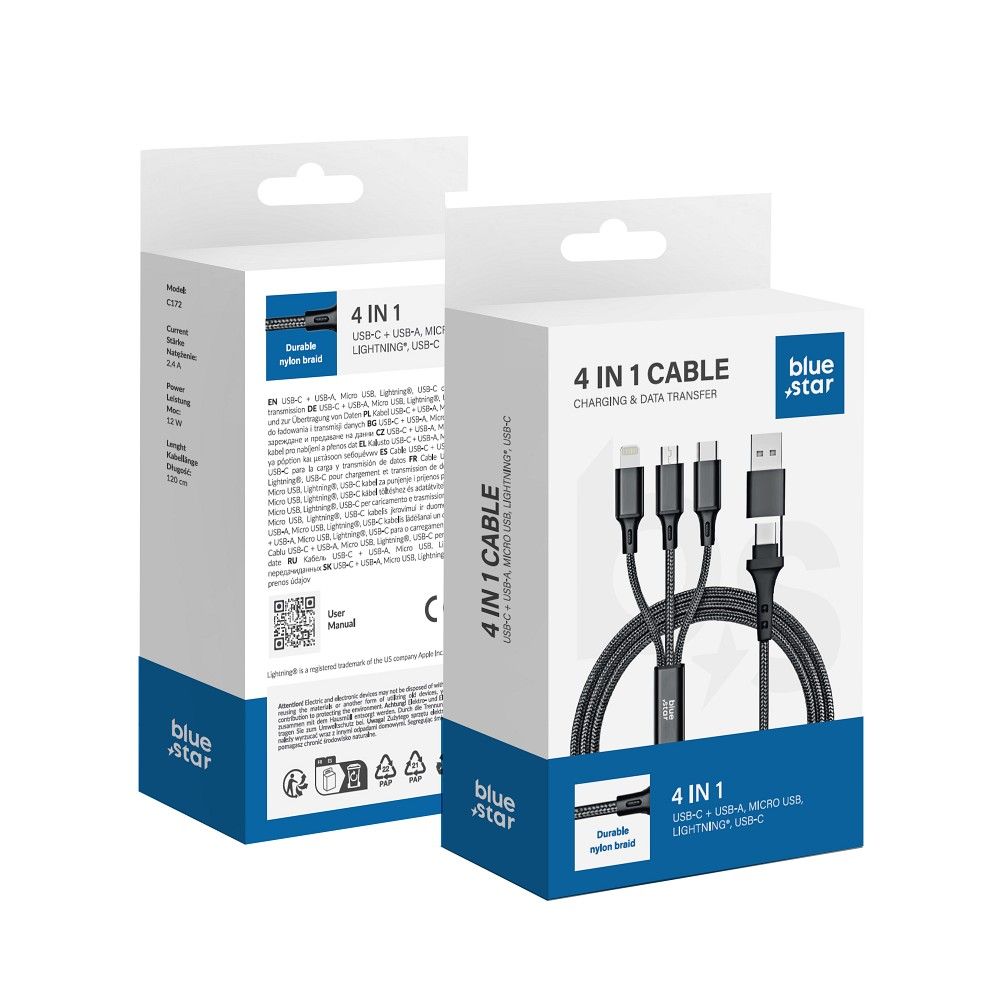 Cablu Albastru Star 4in1 USB C / USB A Do Micro USB / Lightning / USB C 2,4A 12W Cafule 1,2 M C172 Negru
