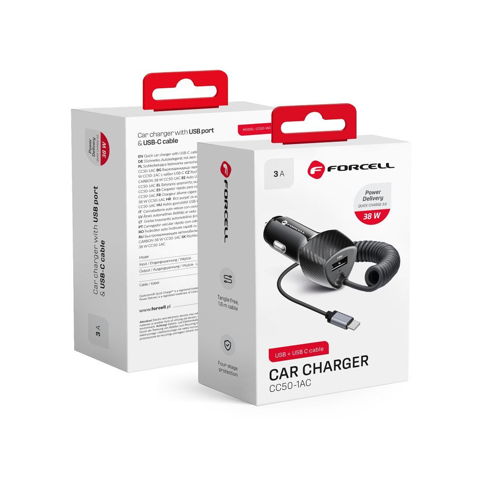 Cablu Forcell Incarcator auto F-energy Carbon USB A Qc3.0 PD 3A 38W cu USB C Negru
