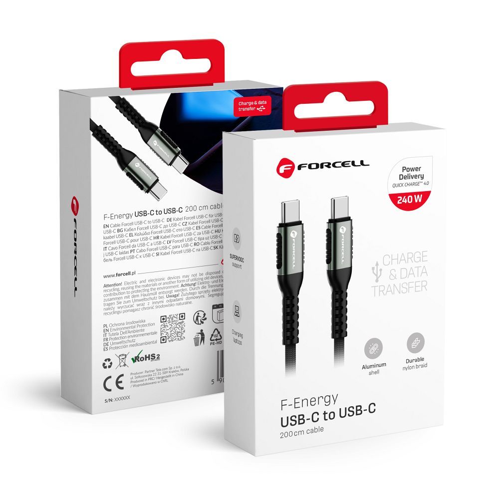 Cablu Forcell USB C To USB C F-energy Qc4.0 PD 5A 240W Cafule 2 M C263 Negru