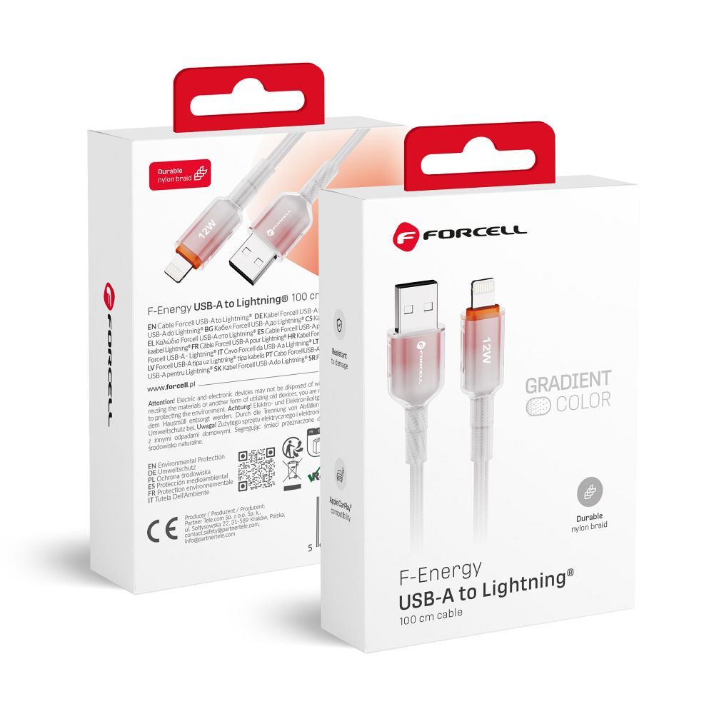 Cablu Forcell USB A To Lightning F-energy 2,4A 12W Gradient 1 M C353 Alb