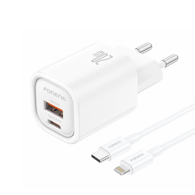 Cablu Foneng Incarcator priza Eu70 PD 20W 1xUSB-C + 1xUSB Qc3.0 + Usb-c - Lightning Alb