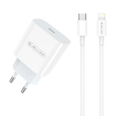 Cablu Jellico Incarcator priza Ak180 PD 20W 1xUSB-C + Usb-c - Lightning Alb