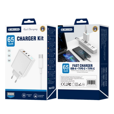 Cablu Jellico Incarcator priza Eu20 Gan PD 65W 2xUSB-C + 1xUSB Qc3.0 + Usb-c - Usb-c Alb