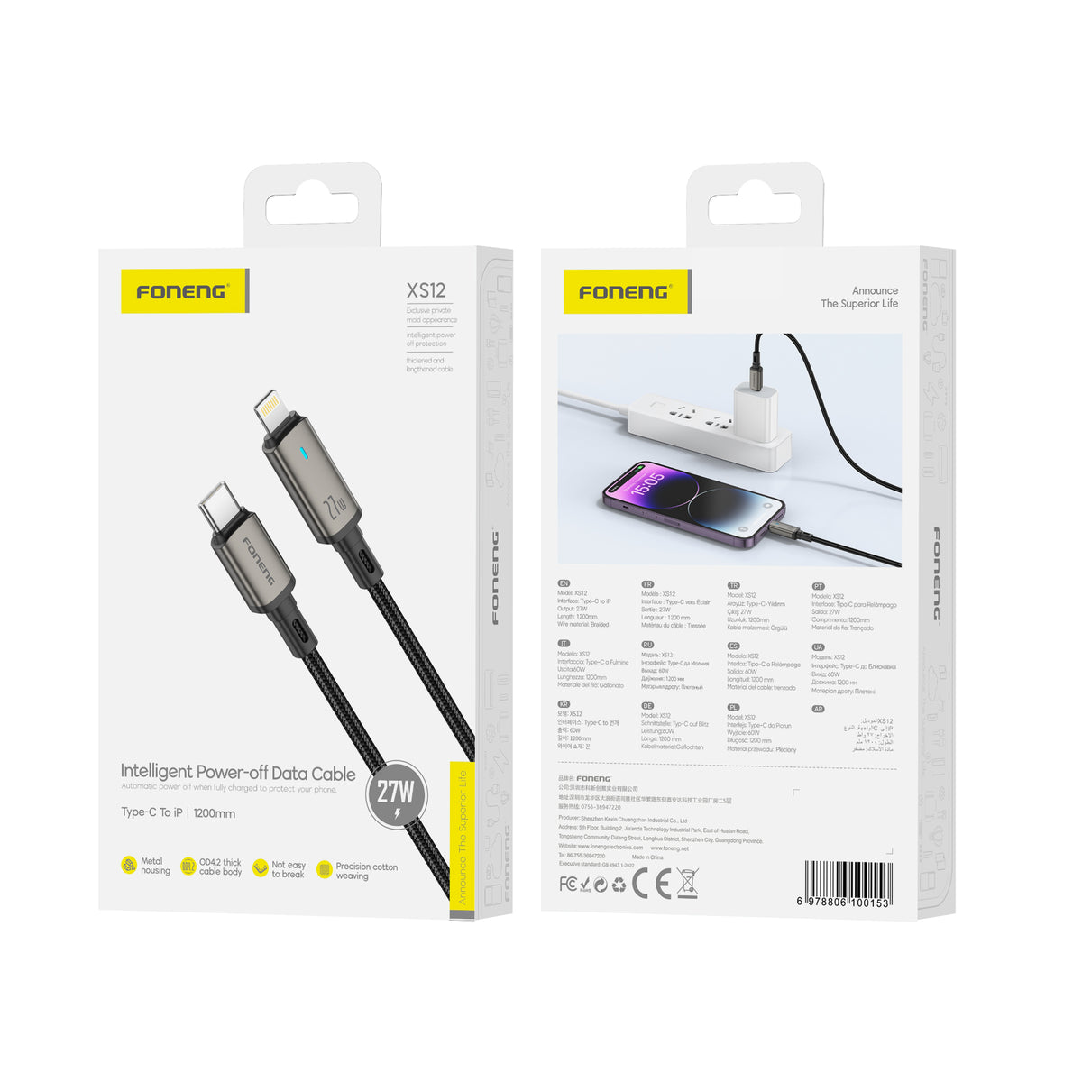 Cablu Foneng Xs12 Usb-c - Lightning PD 27W 1.2M Negru