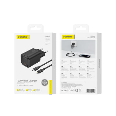 Cablu Foneng Incarcator priza Eu69 PD 20W 1xUSB-C + Usb-c - Lightning Negru