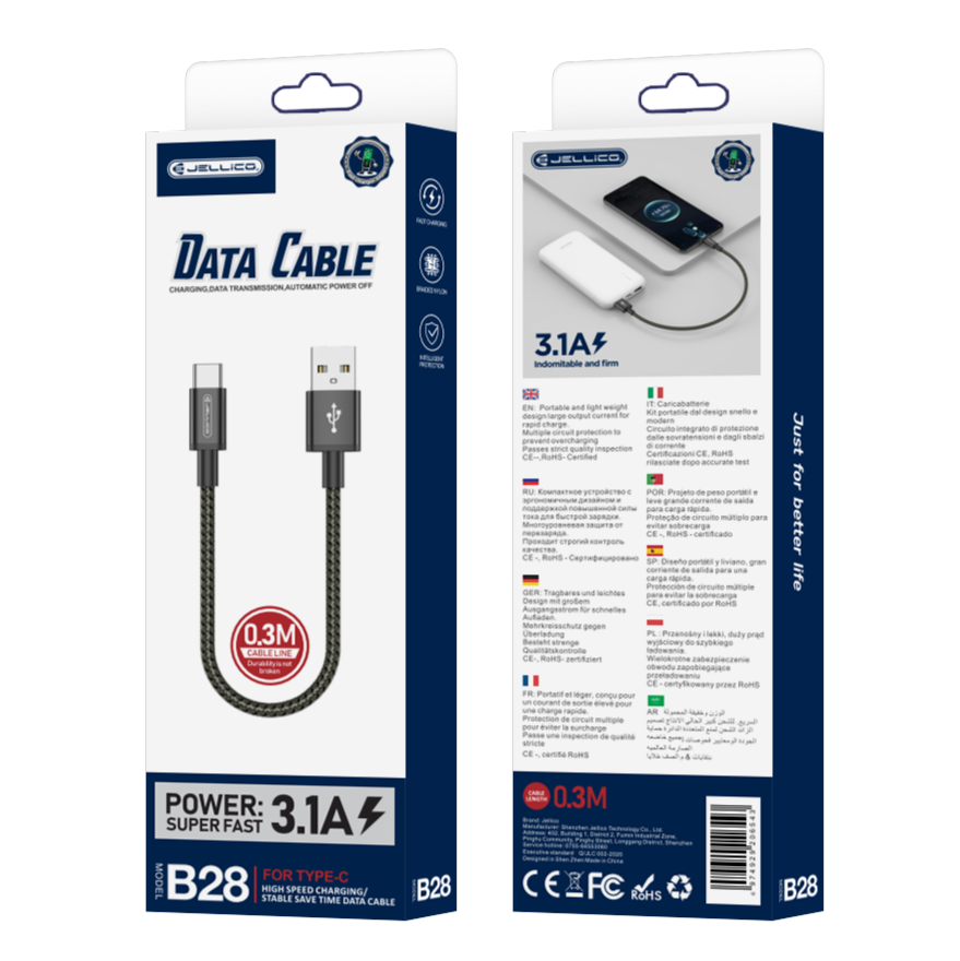 Cablu Jellico B28 Usb-c 3.1A 0.3M Negru