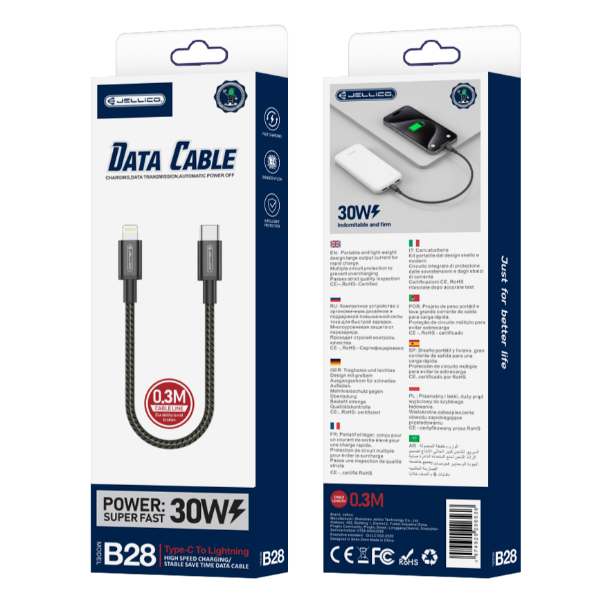 Cablu Jellico B28 Usb-c - Lightning PD 30W 0.3M Negru
