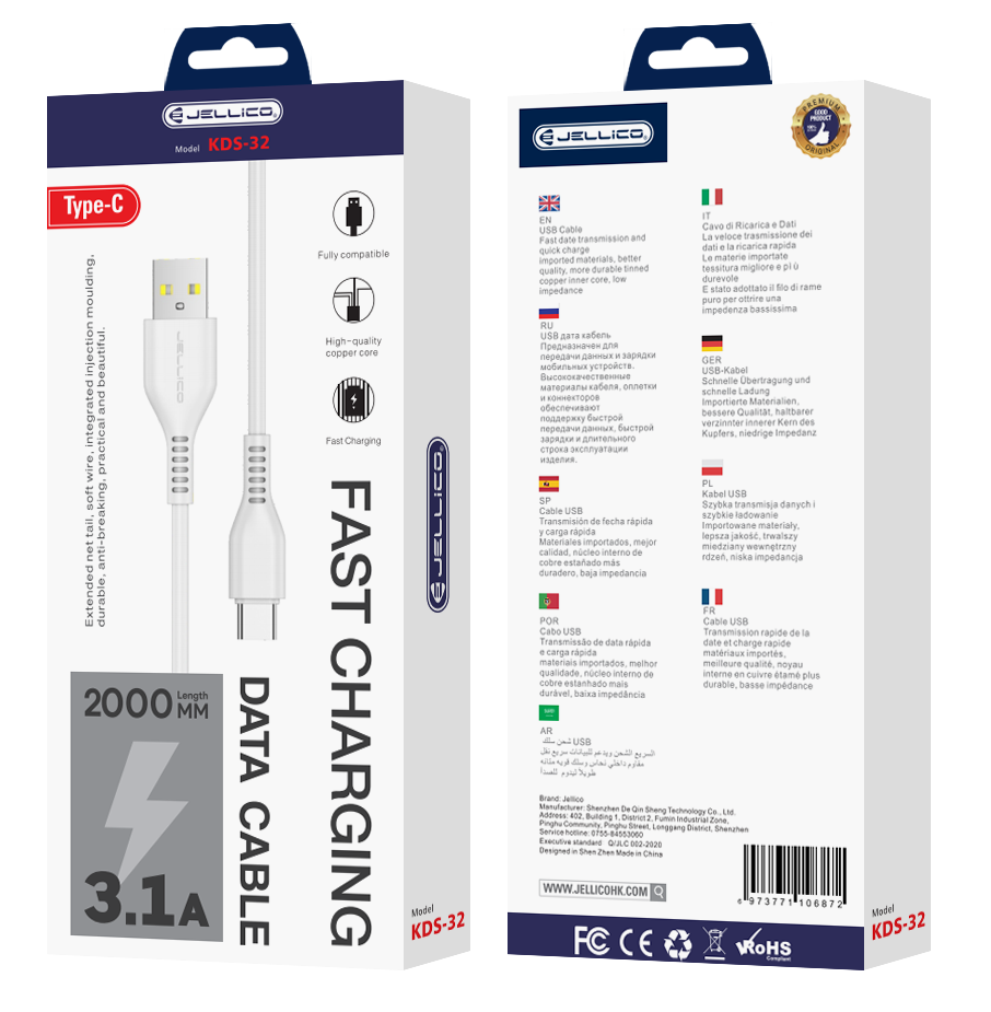 Cablu Jellico Kds-32 Usb-c USB 3.1A 2M Alb