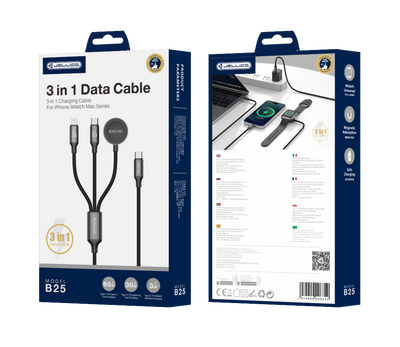 Cablu Jellico B25 3w1 (Apple Watch) 3.1A 1.2M Negru
