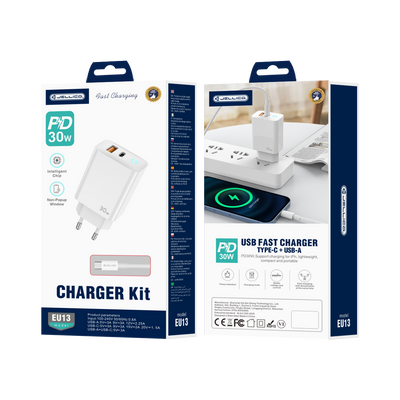 Cablu Jellico Incarcator priza Eu13 Gan PD 30W 1xUSB-C + 1xUSB Qc3.0 + Usb-c - Usb-c Alb