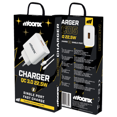 Cablu Moonx Incarcator priza Mc05 22,5W 1xUSB Qc3.0 + Lightning Alb