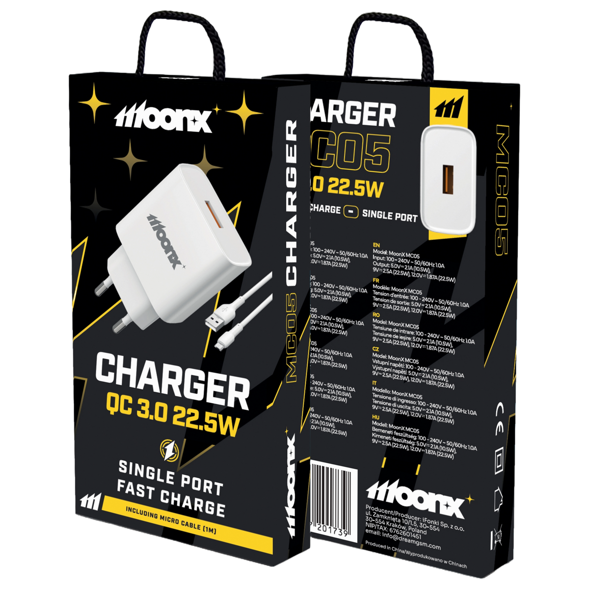 Cablu Moonx Incarcator priza Mc05 22,5W 1xUSB Qc3.0 + Micro USB Alb