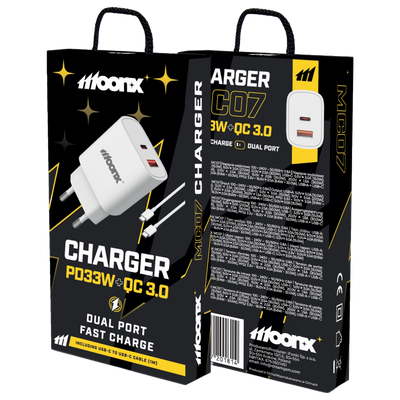 Cablu Moonx Incarcator priza Mc07 PD 33W 1xUSB-C + 1xUSB Qc3.0 + Usb-c - Usb-c Alb