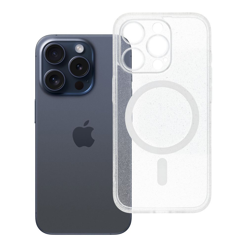 Husa Transparent Mag pentru iPhone 15 PRO - Glitter (STR / Camera Protection) Compatible cu Magsafe Transparent Glitter