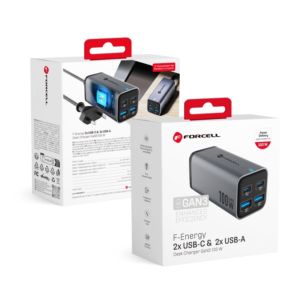 Incarcator Forcell Desktop F-energy Gan III 2 X USB C + 2 X USB A Qc4.0 PD 5A 100W Vt-49 Gri