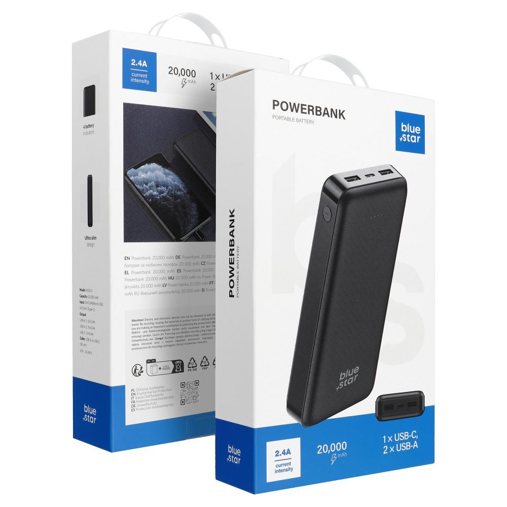 Acumulator extern Albastru Star W2015 2.1A 20000 Mah Negru