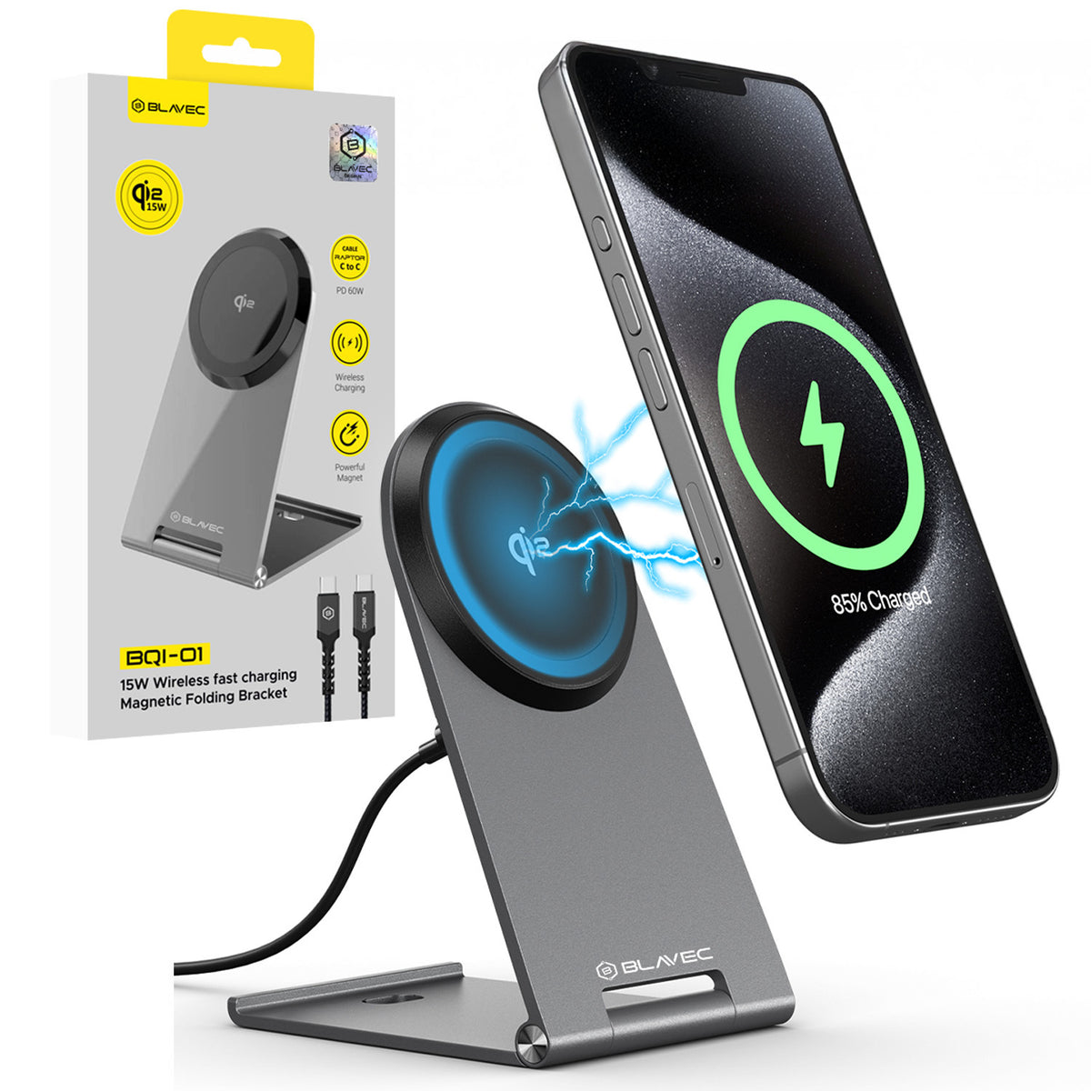 Cablu Blavec Induction Incarcator Bqi-01 Qi2 15W Magnetic Magsafe + Raptor Type C To Type C Argintiu