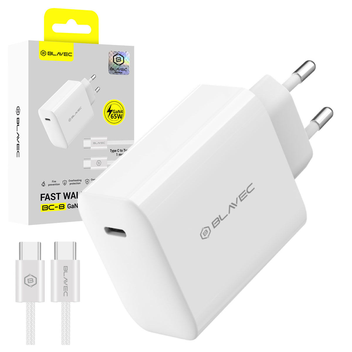 Cablu Blavec Incarcator priza Bc-8 Gan4 - Type C - PD QC 65W 3A cu Type C To Type C (Tcbc8g4-cw653a+CC) Alb