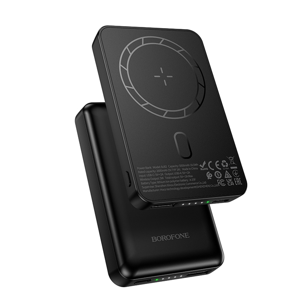 Acumulator extern Borofone 5000mAh Bj82 Dawn - USB - Magnetic cu Induction Charging Negru