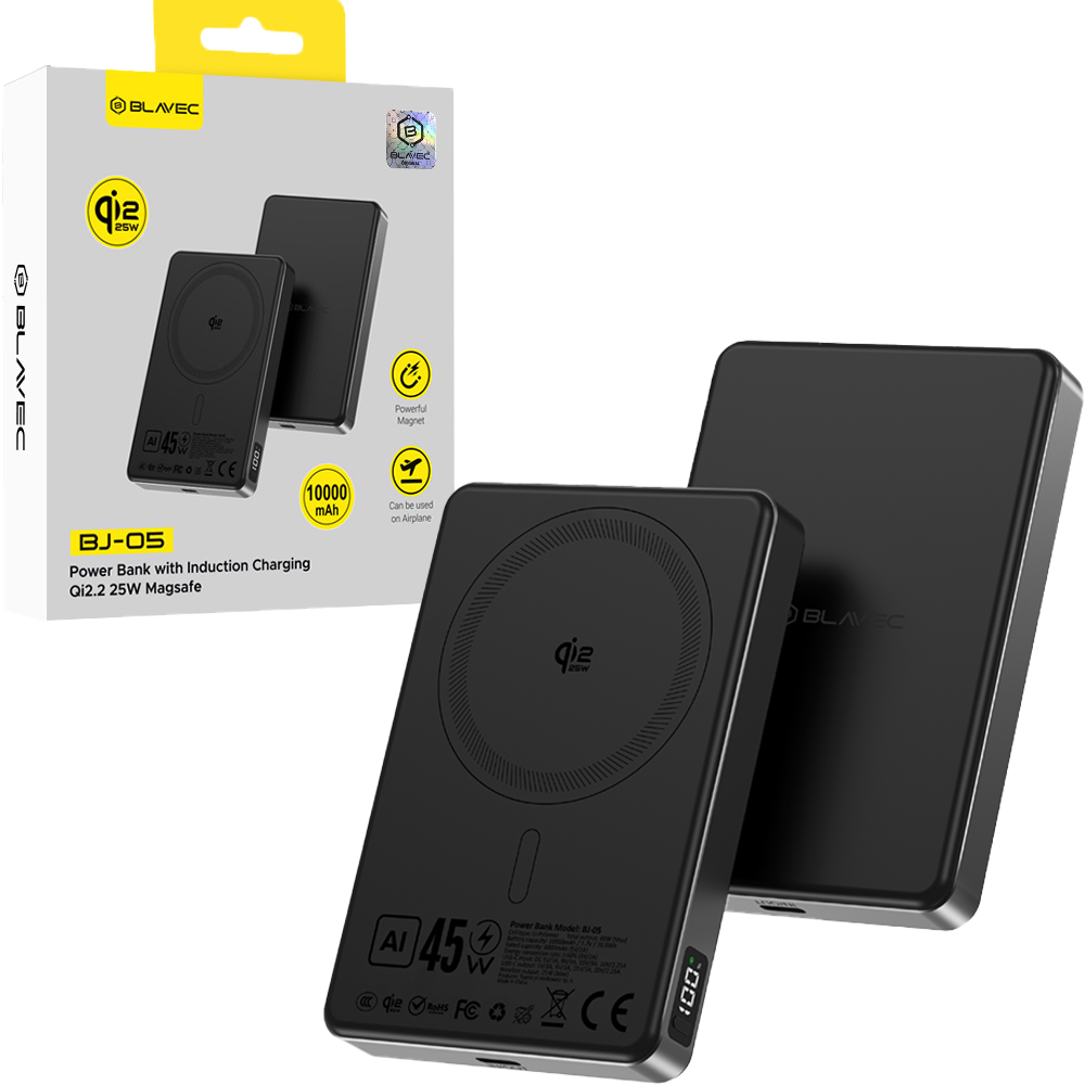 Acumulator extern Blavec 10000mAh Bj-05 Ultra Fast 16mm - Type C - Qi2.2 25W + PD 45W Magnetic Induction Magsafe 2 In 1