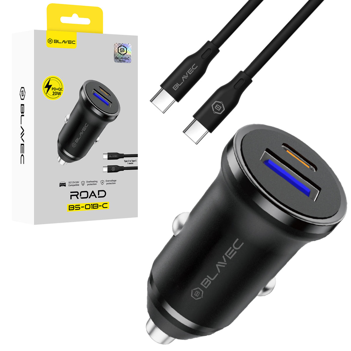 Cablu Blavec Incarcator auto Road - USB + Type C - QC 3.0 18W PD 20W cu Type C To Type C (Ccbs01bcr-ucb) Negru