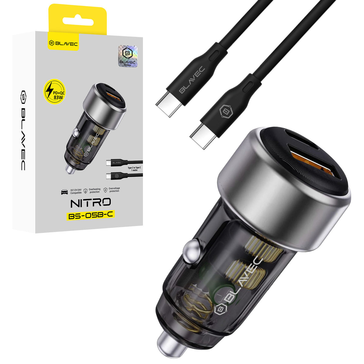 Cablu Blavec Incarcator auto Nitro - USB + Type C - QC 3.0 18W PD 65W cu Type C To Type C (Ccbs05bcn-ucb) Negru