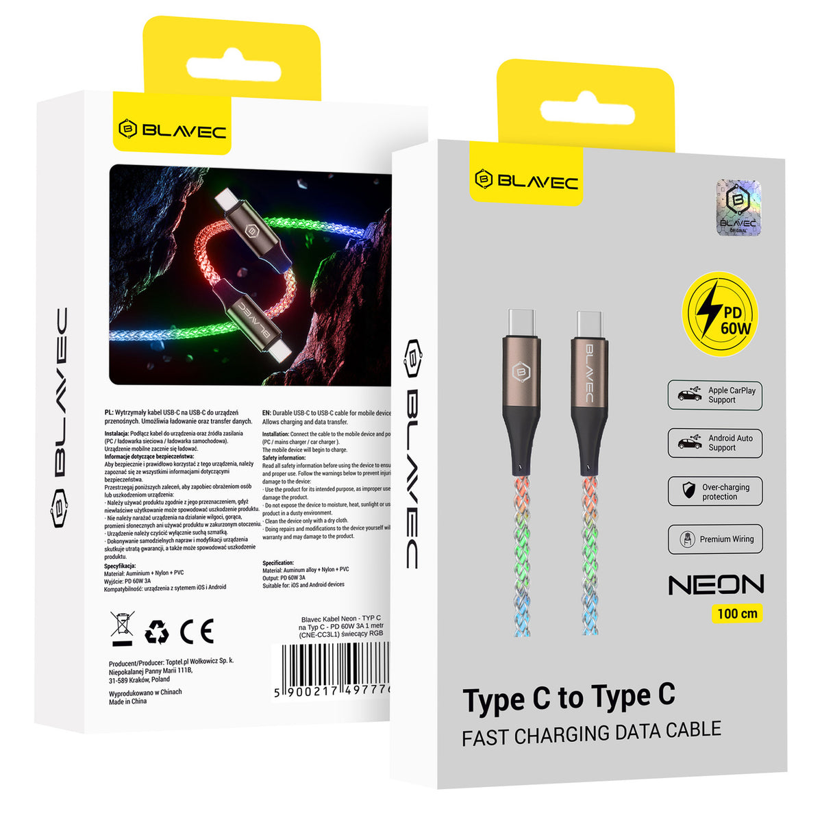 Cablu Blavec Neon - TYP C Na Typ C - PD 60W 3A 1 Metre Apple Carplay/Android Auto Luminous RGB