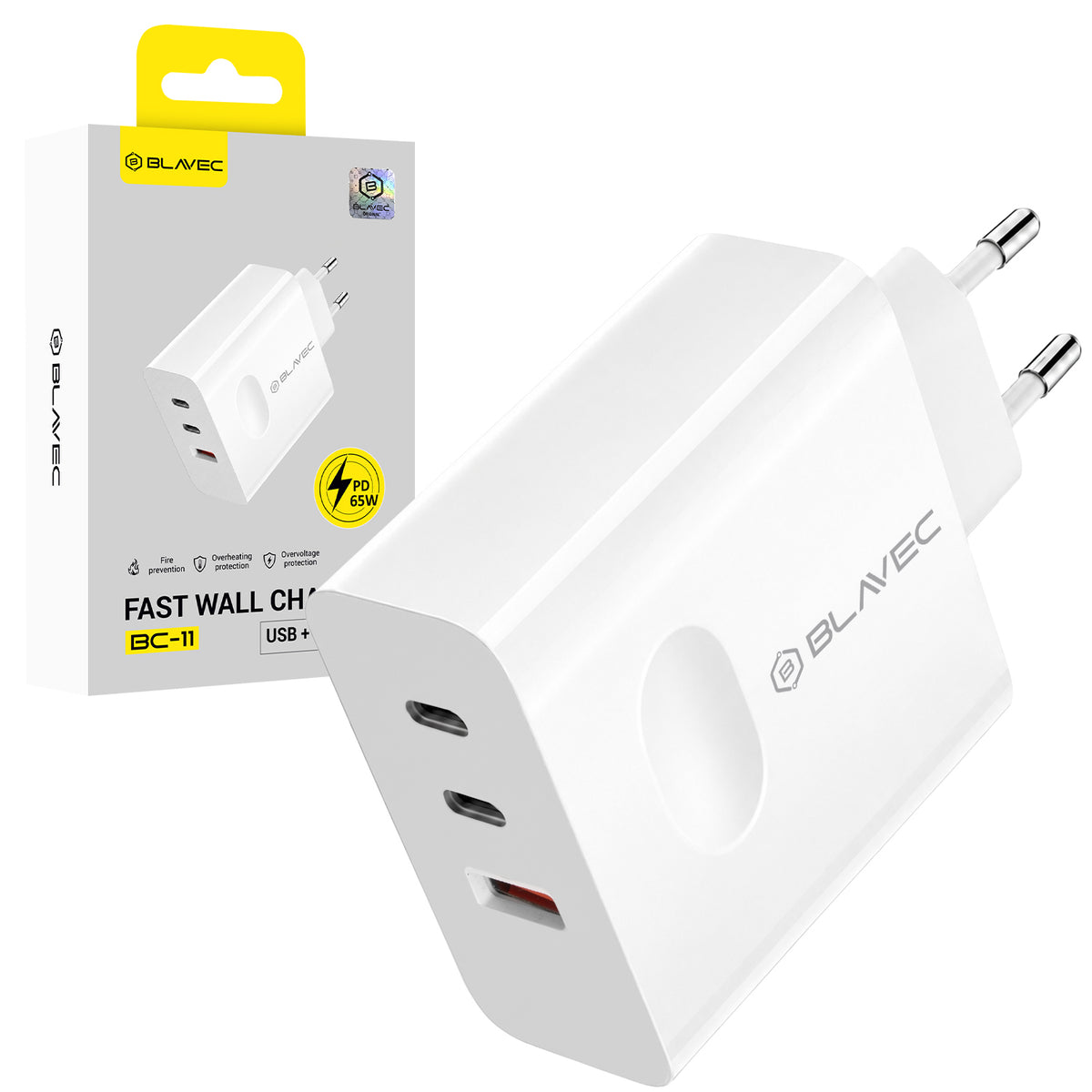 Incarcator priza Blavec Bc-11 Gan - USB + 2xType C - QC PD 65W 3A (Tcbc11g-u2cw653a) Alb