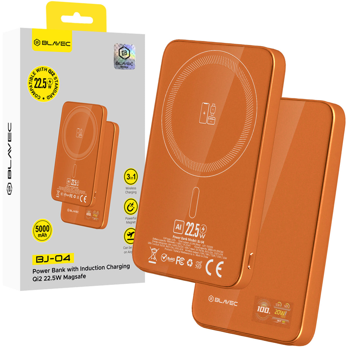 Acumulator extern Blavec 5000mAh Bj-04 Ultra Slim 7,8mm - Type C - 22,5W Magnetic Magsafe 3 In 1 Portocaliu sticla