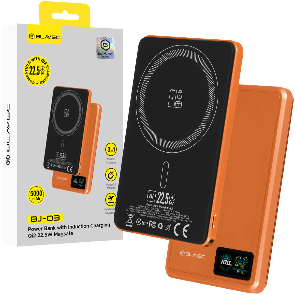 Acumulator extern Blavec 5000mAh Bj-03 Ultra Slim 7,8mm - Type C - 22,5W Magnetic Magsafe 3 In 1 Portocaliu Aluminum