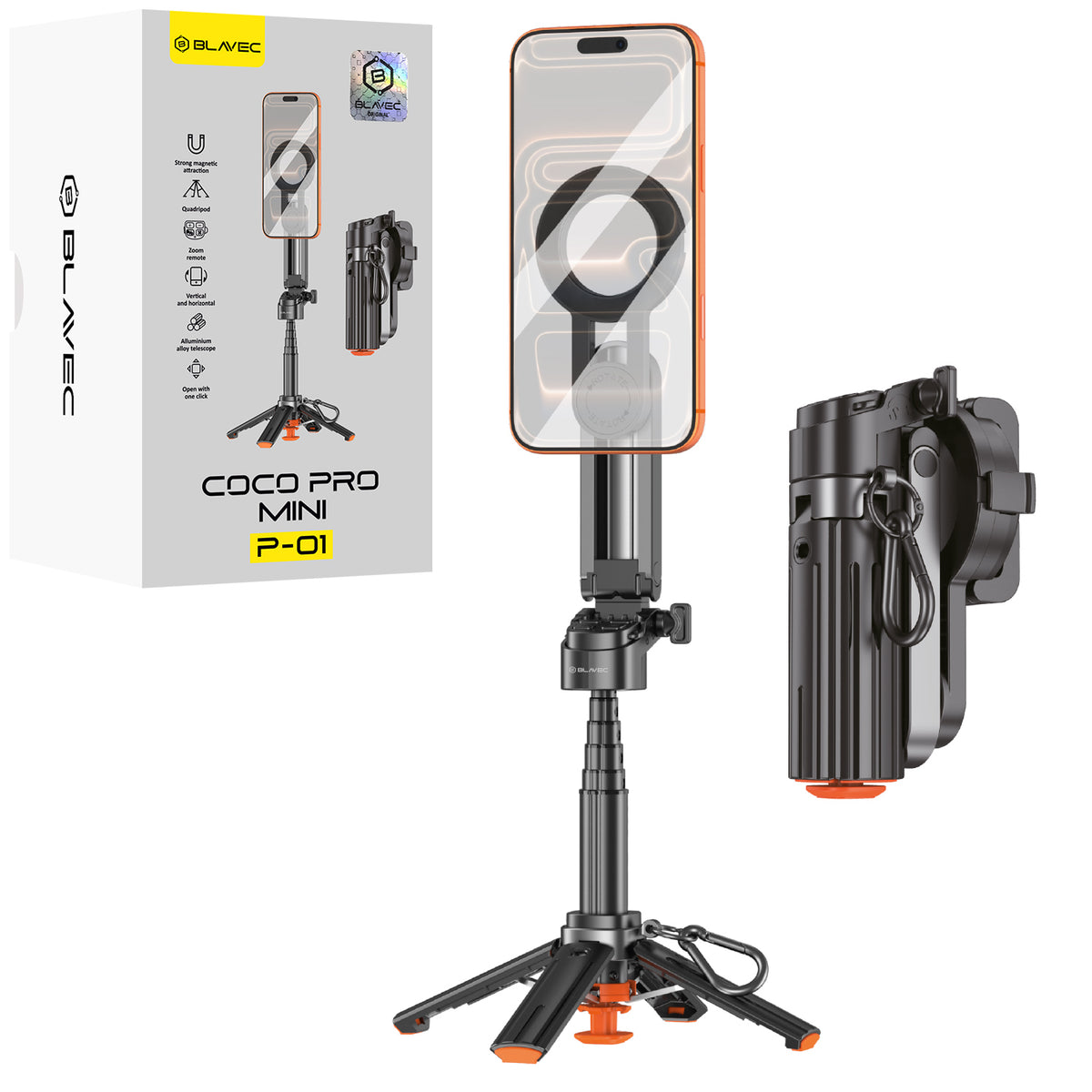 Suport Blavec Selfie stick Aluminium Coco PRO Mini P-01 Magsafe Auto Pop Quadripod + Remote Control + 0,48 Metra (Sscpmp