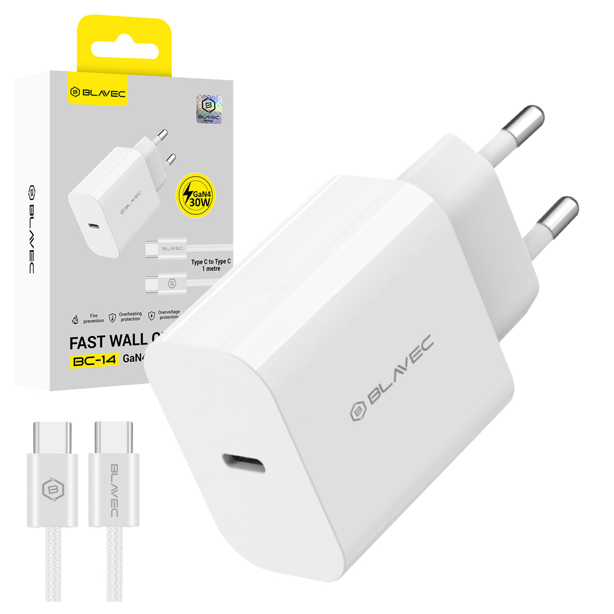 Cablu Blavec Incarcator priza Bc-14 Gan4 - Type C - PD QC 30W 3A cu Type C To Type C (Tcbc14g4-cw303a+CC) Alb