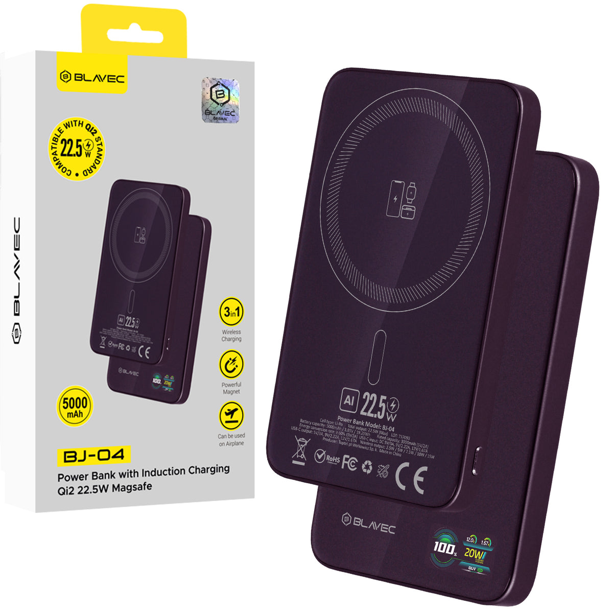 Acumulator extern Blavec 5000mAh Bj-04 Ultra Slim 7,8mm - Type C - 22,5W Magnetic Magsafe 3 In 1 Mov