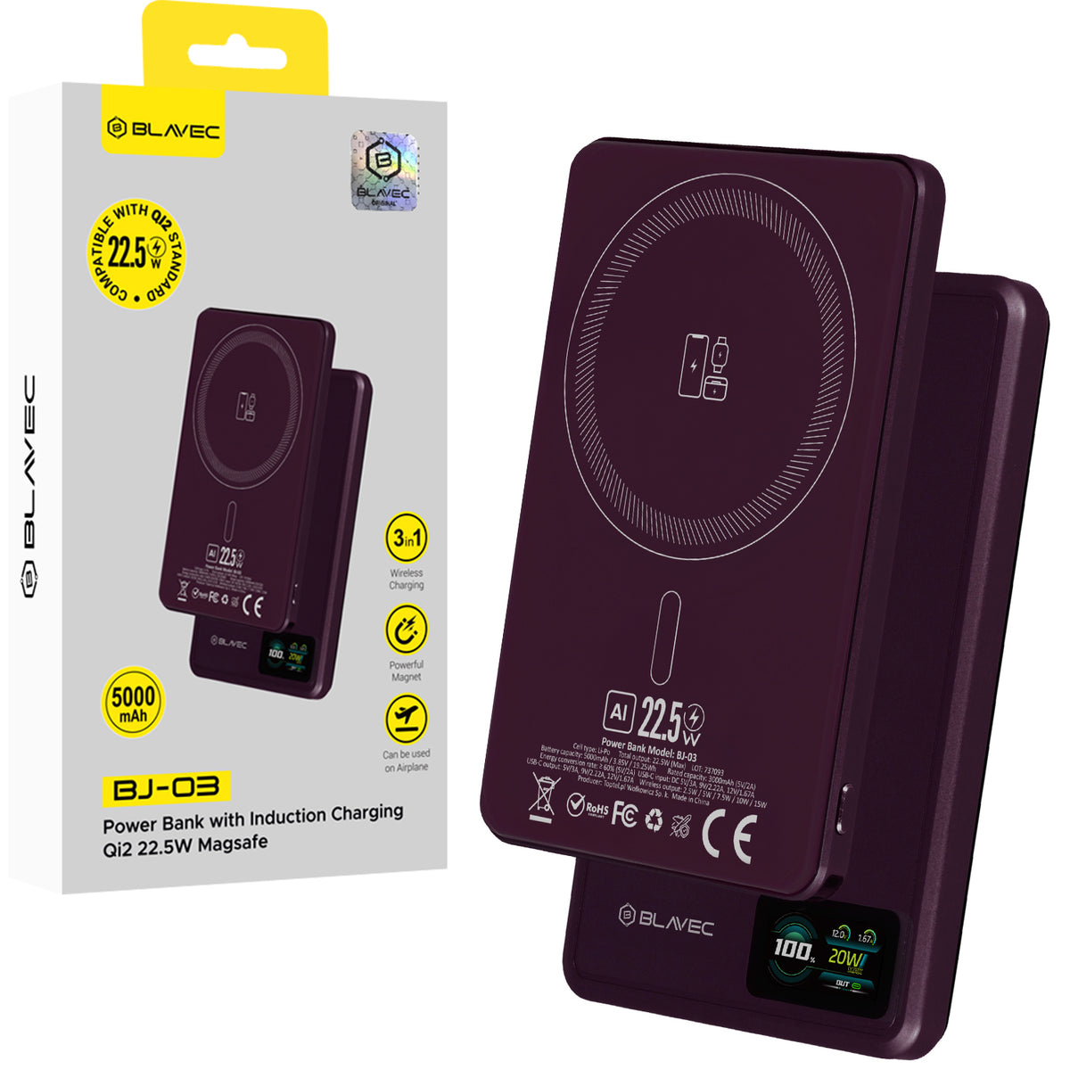 Acumulator extern Blavec 5000mAh Bj-03 Ultra Slim 7,8mm - Type C - 22,5W Magnetic Magsafe 3 In 1 Mov Aluminum