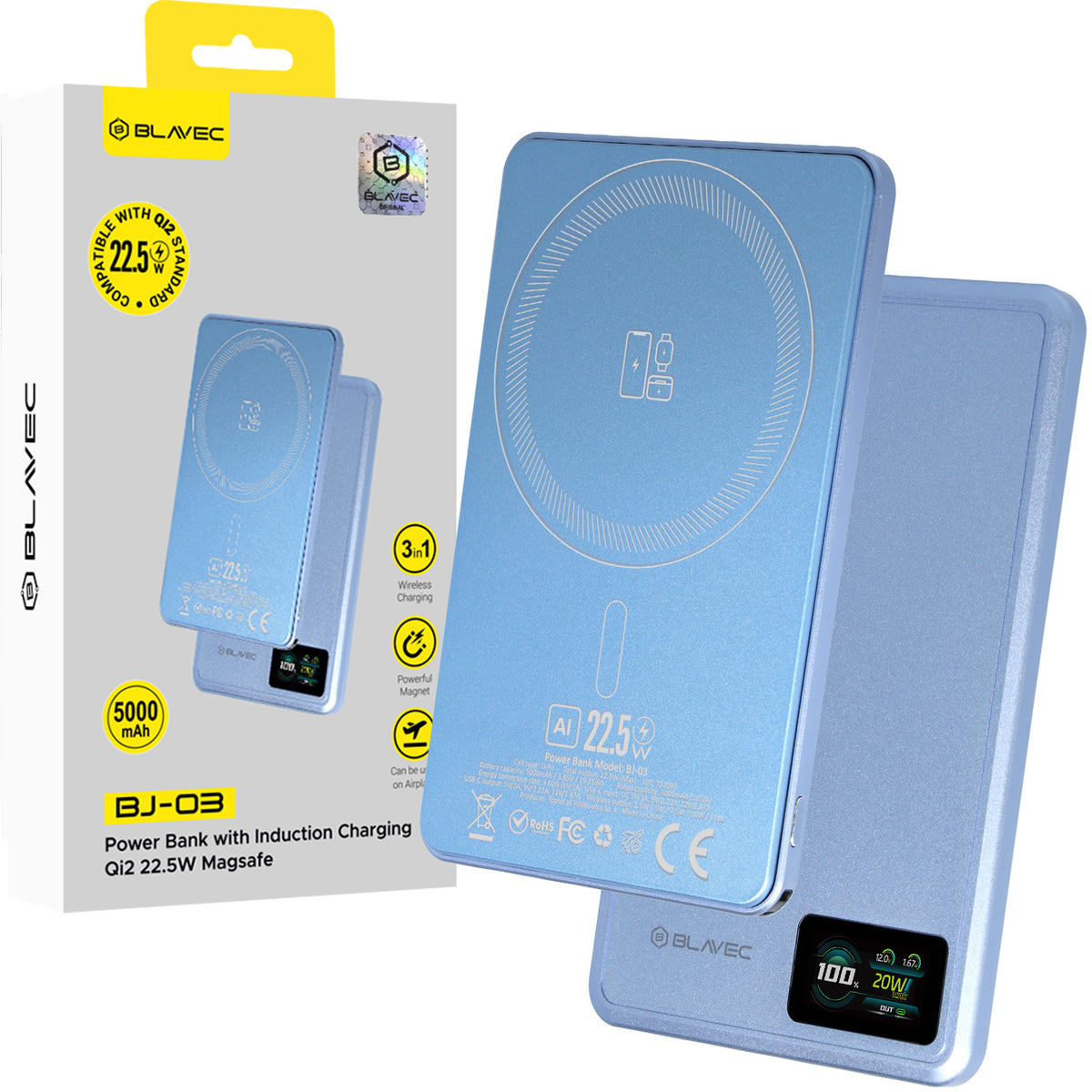 Acumulator extern Blavec 5000mAh Bj-03 Ultra Slim 7,8mm - Type C - 22,5W Magnetic Magsafe 3 In 1 Lightblue Aluminum