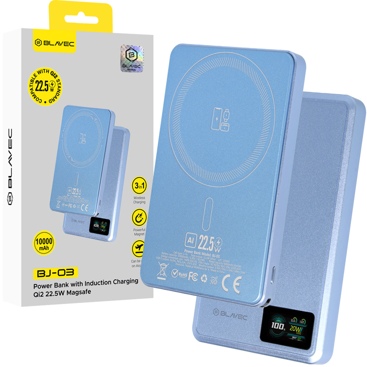 Acumulator extern Blavec 10000mAh Bj-03 Slim 13,5mm - Type C - 22,5W Magnetic Magsafe 3 In 1 Lightblue Aluminum