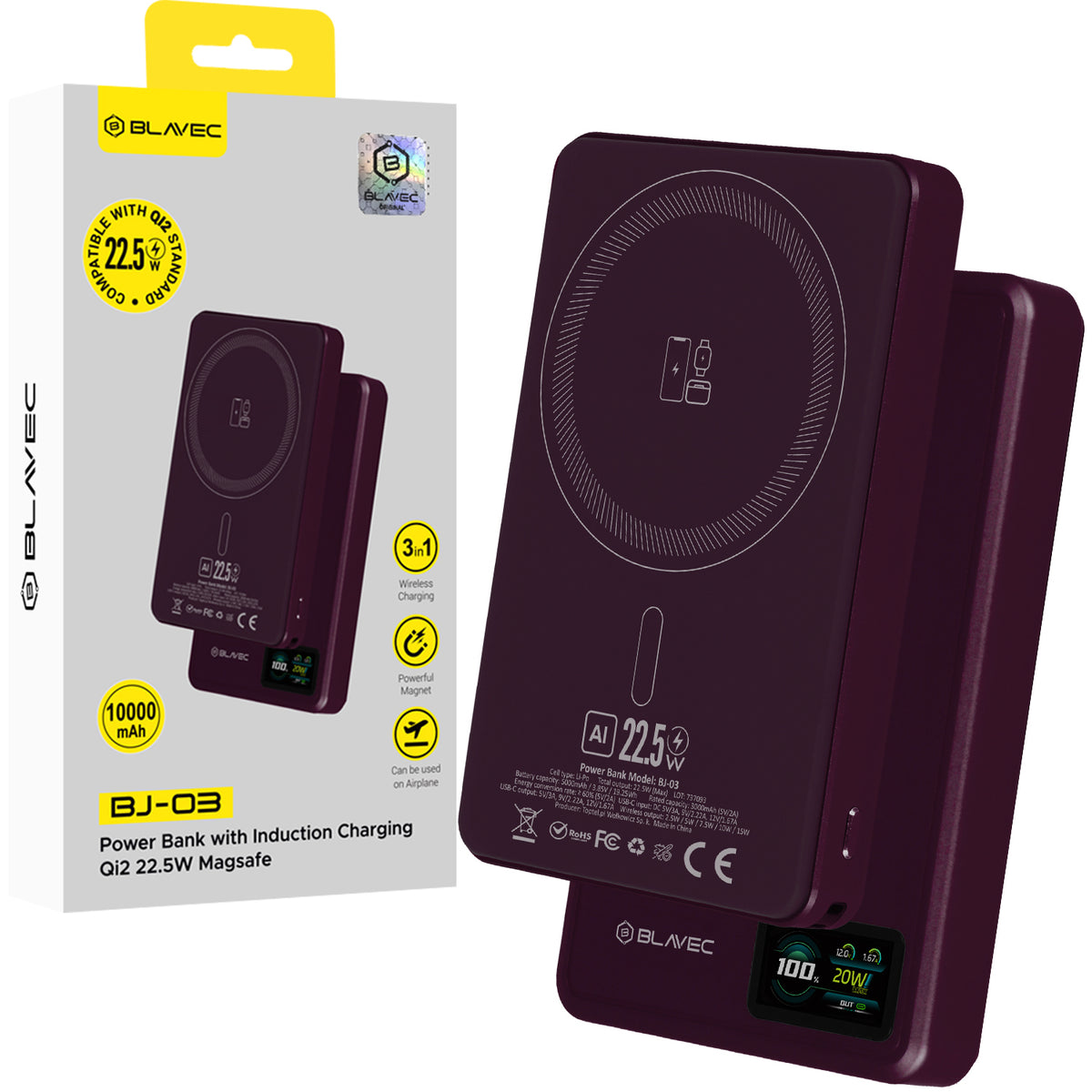 Acumulator extern Blavec 10000mAh Bj-03 Slim 13,5mm - Type C - 22,5W Magnetic Magsafe 3 In 1 (Pbbj03-mc10p)Mov