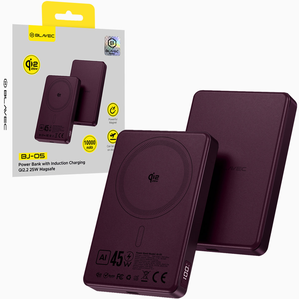 Acumulator extern Blavec 10000mAh Bj-05 Ultra Fast 16mm - Type C - Qi2.2 25W + PD 45W Magnetic Induction Magsafe 2 In 1