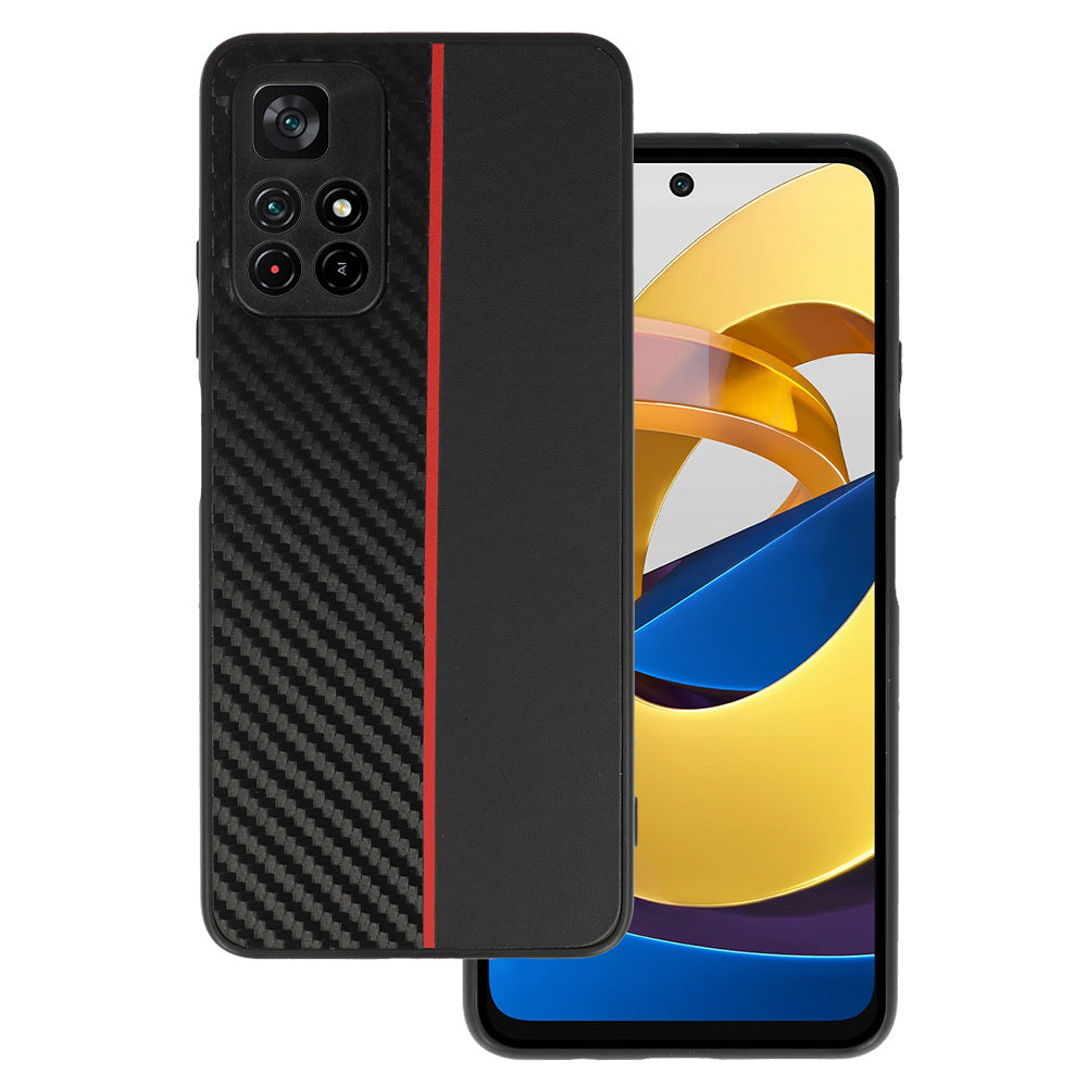 Husa Tel Protect Carbon pentru Xiaomi Redmi Note 11 5G/Note 11S 5G/Poco M4 Pro 5G Negru cu Rosu Stripe