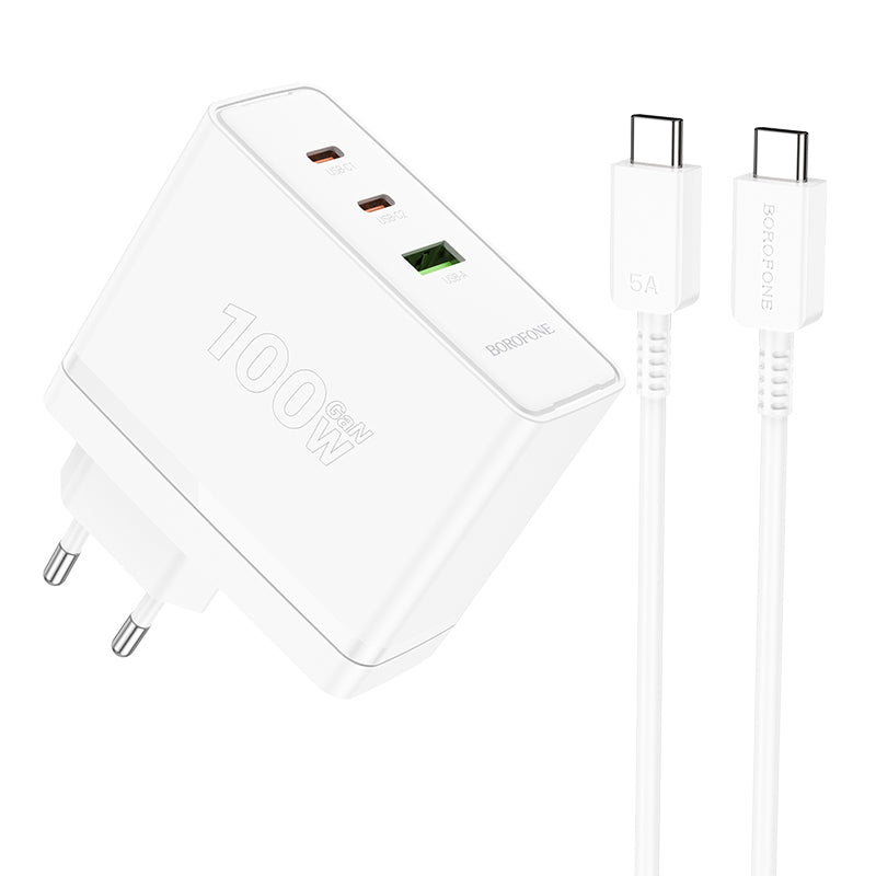 Cablu Borofone Incarcator priza Bn11 Imperial - USB + 2xType C - QC 3.0 PD 100W cu Type C To Type C Alb