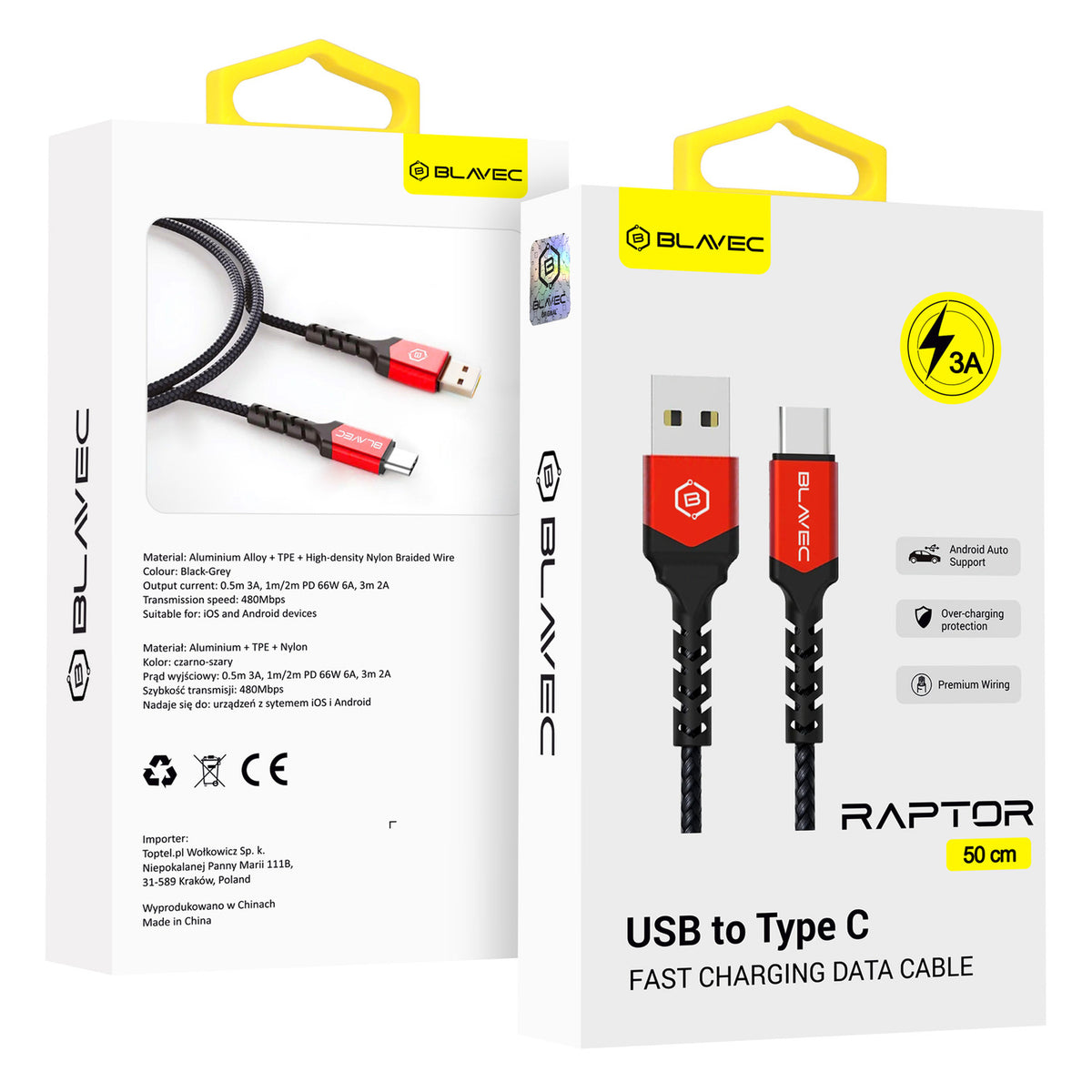 Cablu Blavec Raptor Braided - USB To Type C - 3A 0,5 Meters Apple Carplay/Android Auto (Cra-uc3br05) Negru-Rosu