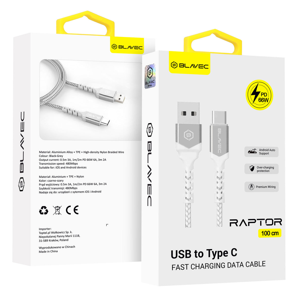 Cablu Blavec Raptor Braided - USB To Type C - PD 66W 6A 1 Metre Apple Carplay/Android Auto (Cra-uc6ws10) Alb-Argintiu