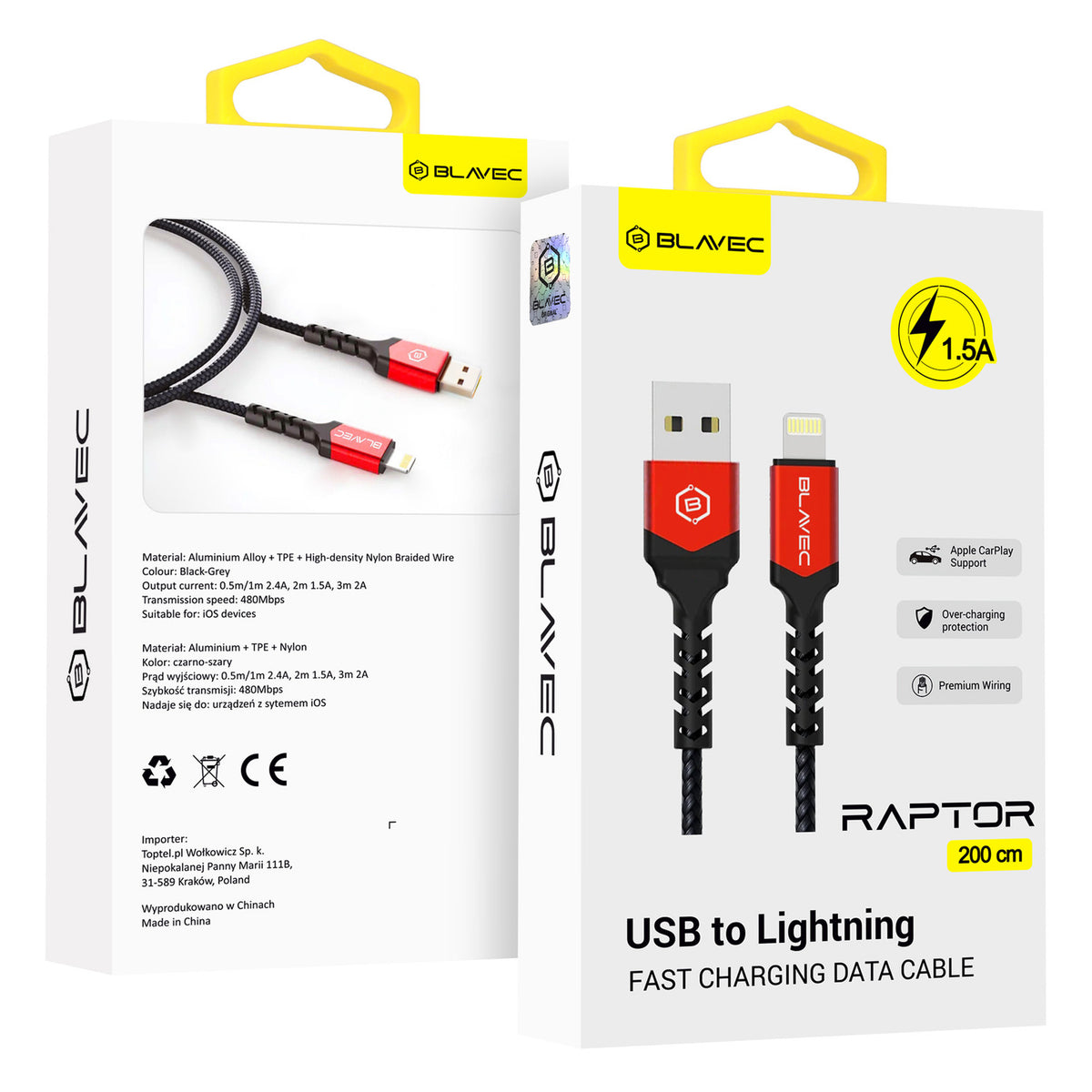 Cablu Blavec Raptor Braided - USB To Lightning - 1,5A 2 Metres Apple Carplay (Cra-ul15br20) Negru-Rosu