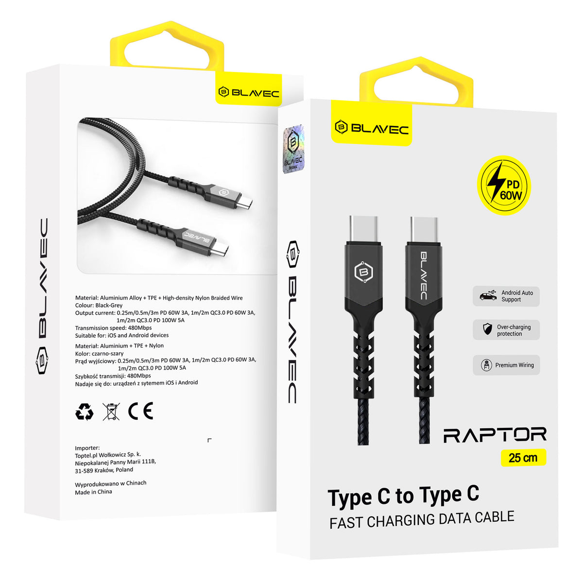 Cablu Blavec Raptor Braided - Type C To Type C - PD 60W 3A 0,25 Metres Apple Carplay/Android Auto (Cra-cc3bg025) Negru-G