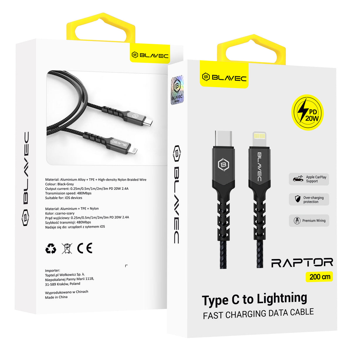 Cablu Blavec Raptor Braided - Type C To Lightning - PD 20W 2,4A 2 Metres Apple Carplay (Cra-cl24bg20) Negru-Gri