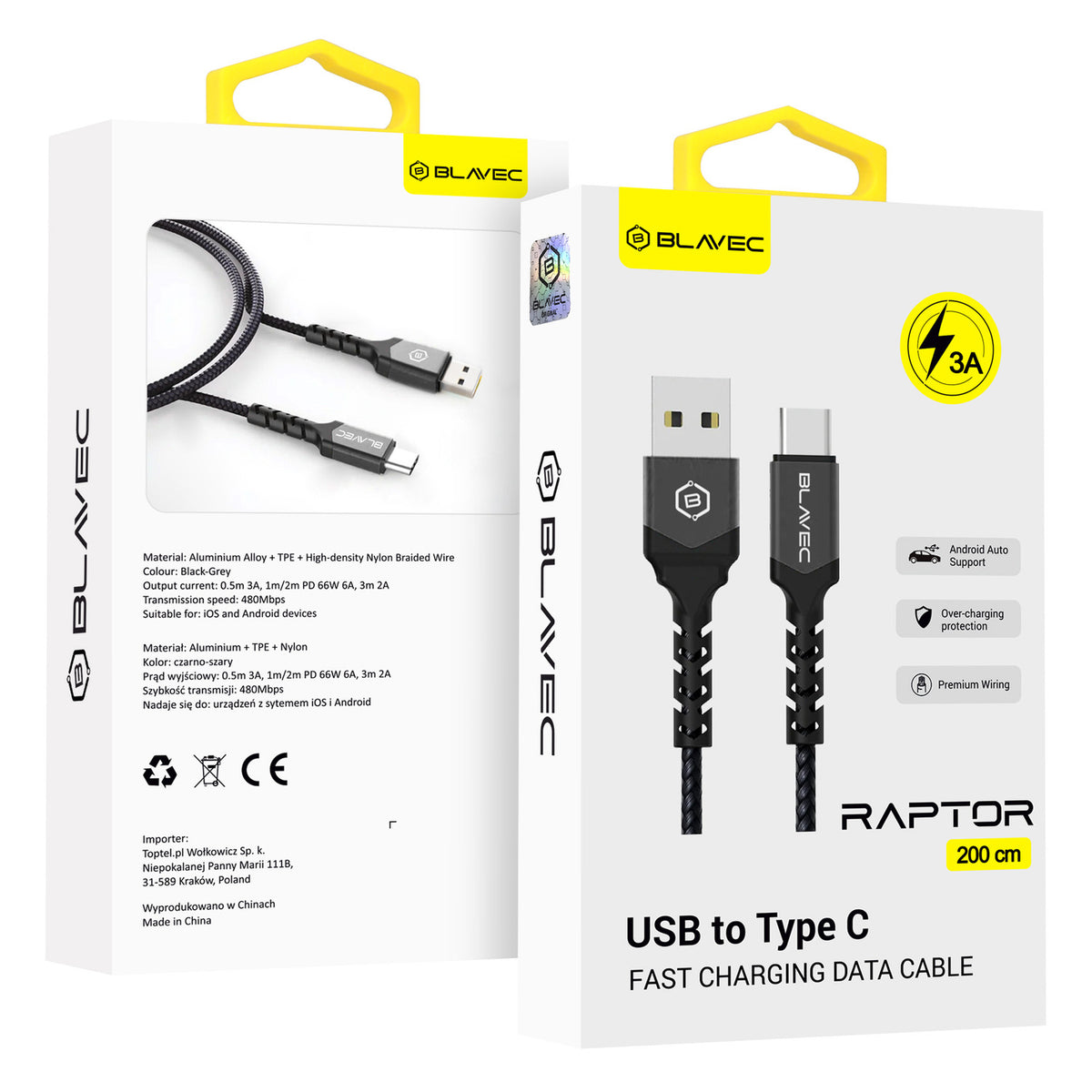 Cablu Blavec Raptor Braided - USB To Type C - 3A 2 Metres Apple Carplay/Android Auto (Cra-uc3bg20) Negru-Gri