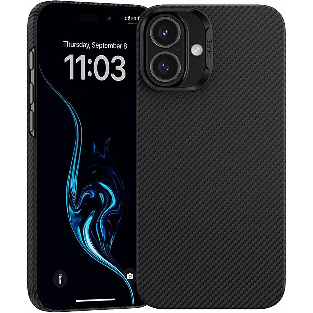 Husa Benks Magnetic Armor Air Kevlar PC Frame 600D pentru iPhone 16 Plus Negru